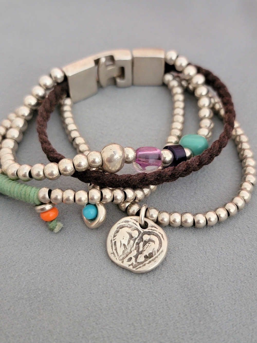 UNO De 50 Multi-Strand Silver Bead Bracelet Brown Cord and Multicolor Accents